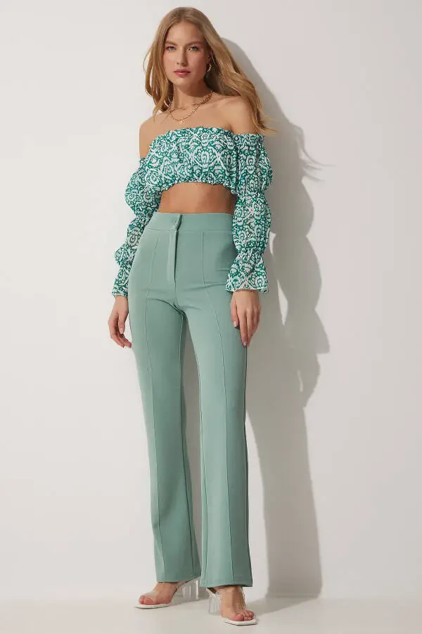 Женские брюки цвета морской волны с высокой посадкой, эластичные, удобные, трикотажные P - 2