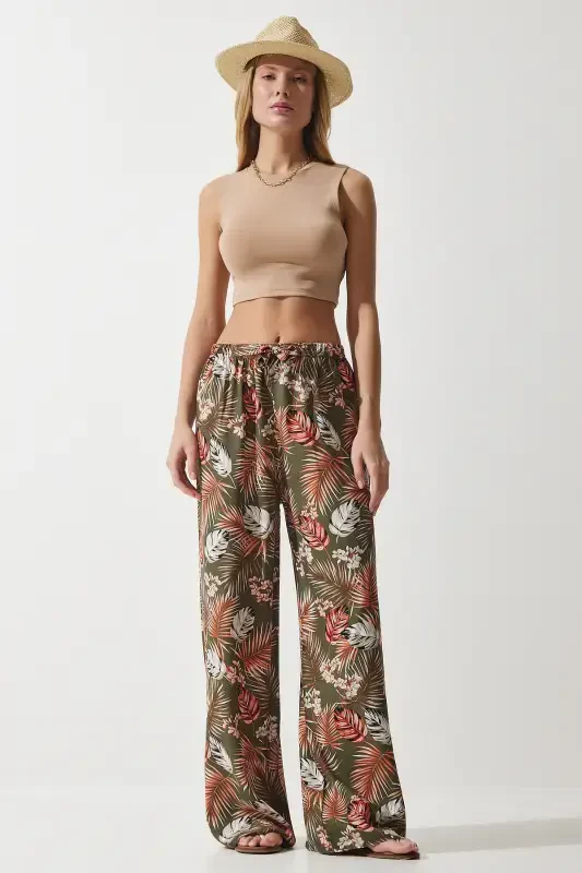 Женские брюки палаццо из вискозы цвета хаки с кирпичным узором EN00606 - 3