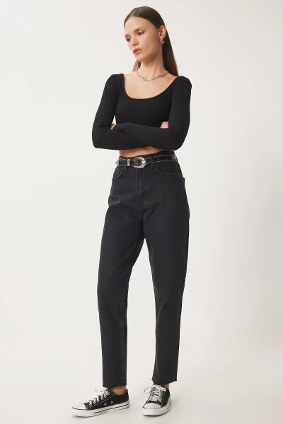 Женские черные прямые джинсы со средней посадкой UT00024 - HAPPINESS İSTANBUL (1)