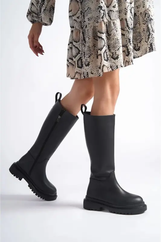 ЖЕНСКИЕ ЧЕРНЫЕ ТЕКСТИЛЬНЫЕ САПОГИ ДО КОЛЕНА НА МОЛНИИ МОДНЫЕ - черный-1 - MOUN SHOES