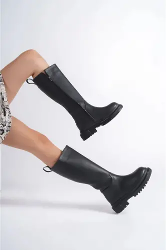 ЖЕНСКИЕ ЧЕРНЫЕ ТЕКСТИЛЬНЫЕ САПОГИ ДО КОЛЕНА НА МОЛНИИ МОДНЫЕ - черный-1 - MOUN SHOES (1)