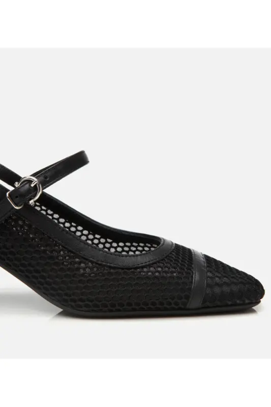 Женские черные туфли на каблуке с открытой пяткой в сетку - 6