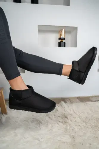 Женские Черные Ультра Мини Замшевые Полусапожки С Мехом Внутри Пушистые На Плоской Подошве Ботфорты & Ботильоны-Черная Замша - 4