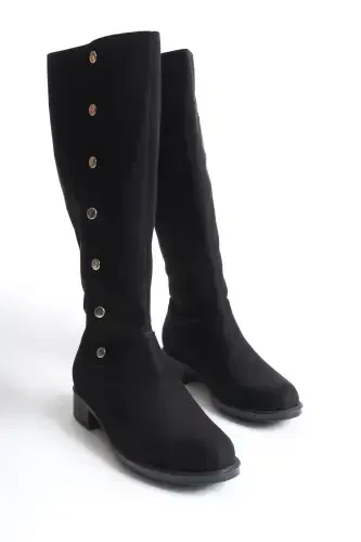 Женские дизайнерские замшевые сапоги на пуговицах - черная замша - 6