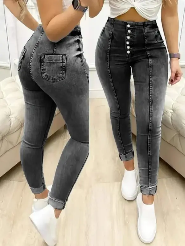 Женские джинсы с высокой талией и пуговицами спереди - 1