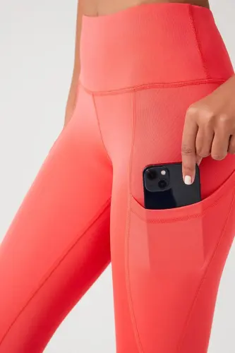 Женские капри с высокой талией кораллового цвета с двойными карманами для фитнеса, длиной до колена - 3