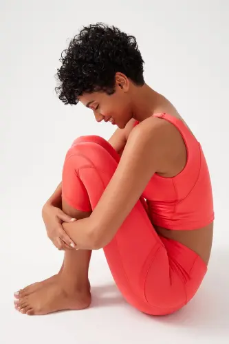 Женские капри с высокой талией кораллового цвета с двойными карманами для фитнеса, длиной до колена - 4