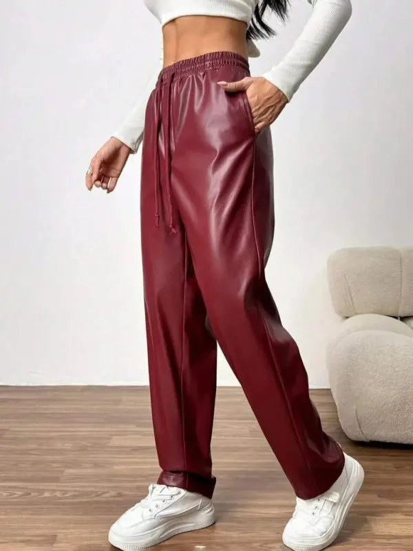 Женские кожаные брюки с высокой талией и шнуровкой - 4