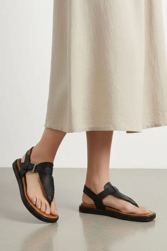 Женские летние сандалии, черная натуральная кожа, с ремешком между пальцами, коричневый кожаный ремешок на щиколотке. - 7