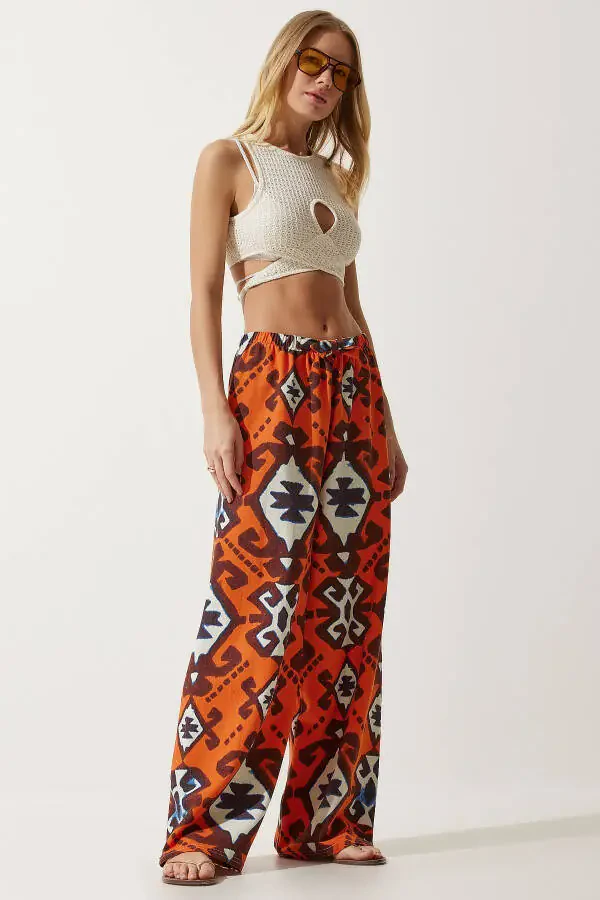 Женские палаццо из сырого льна с оранжевым принтом BH00397 - 2