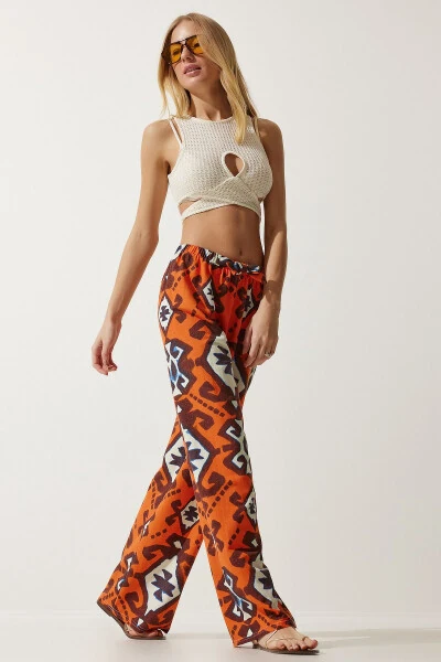 Женские палаццо из сырого льна с оранжевым принтом BH00397 - 4