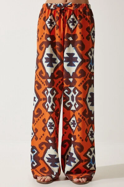 Женские палаццо из сырого льна с оранжевым принтом BH00397 - 6