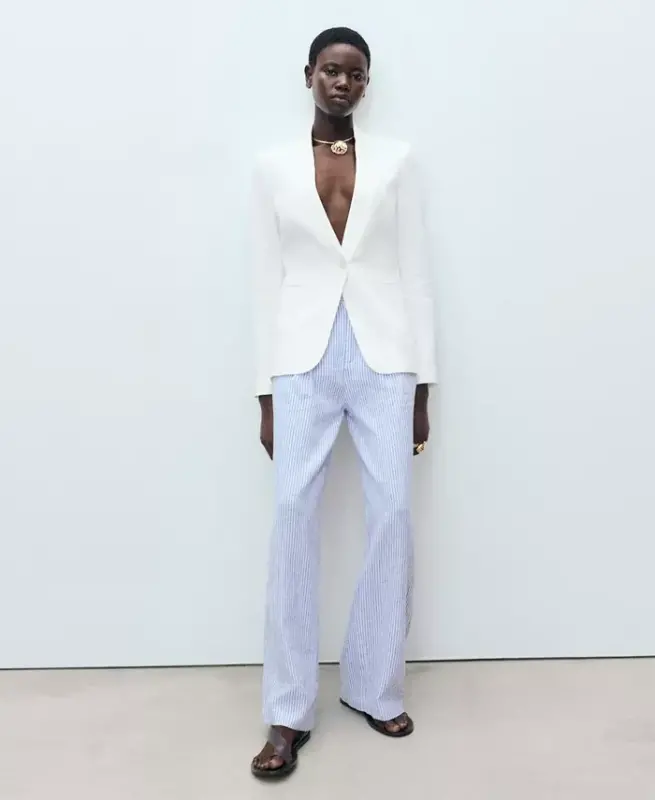 Женские полосатые брюки из смесового льна - 3