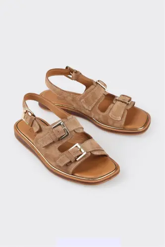 Женские сандалии на плоской подошве из кожи цвета загара - Загар - ELLE SHOES (1)
