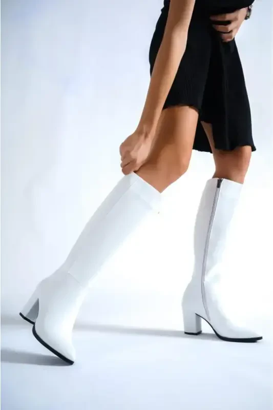 Женские сапоги на каблуке-БЕЛЫЙ - 2