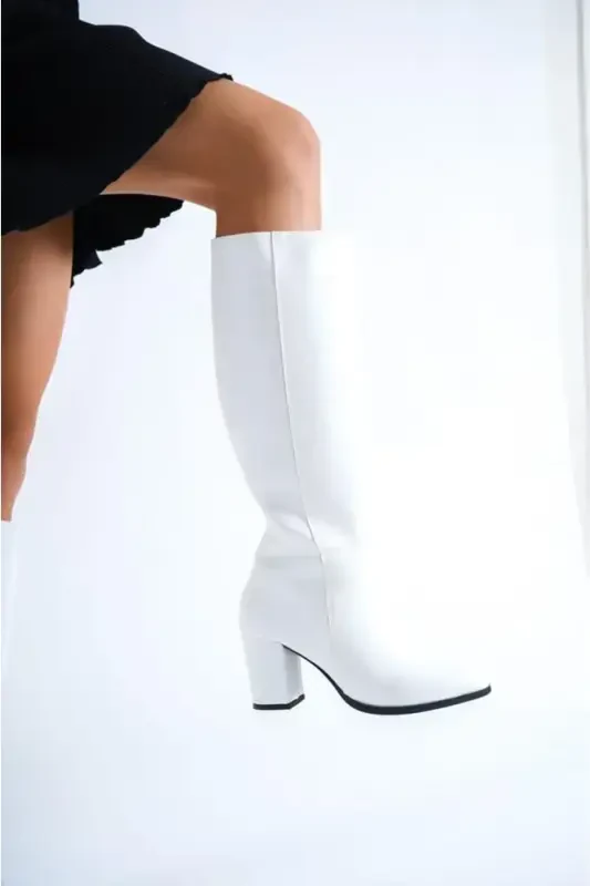 Женские сапоги на каблуке-БЕЛЫЙ - 3