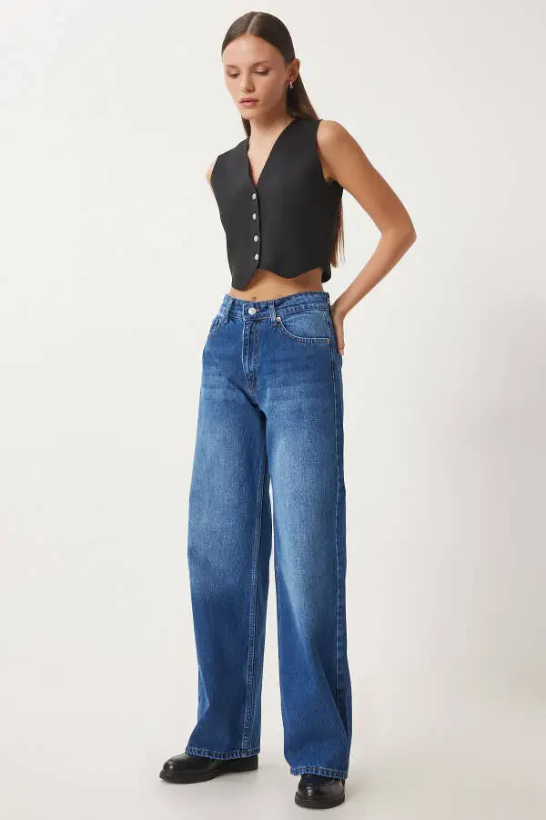Женские синие свободные широкие джинсы средней посадки UT00023 - 1