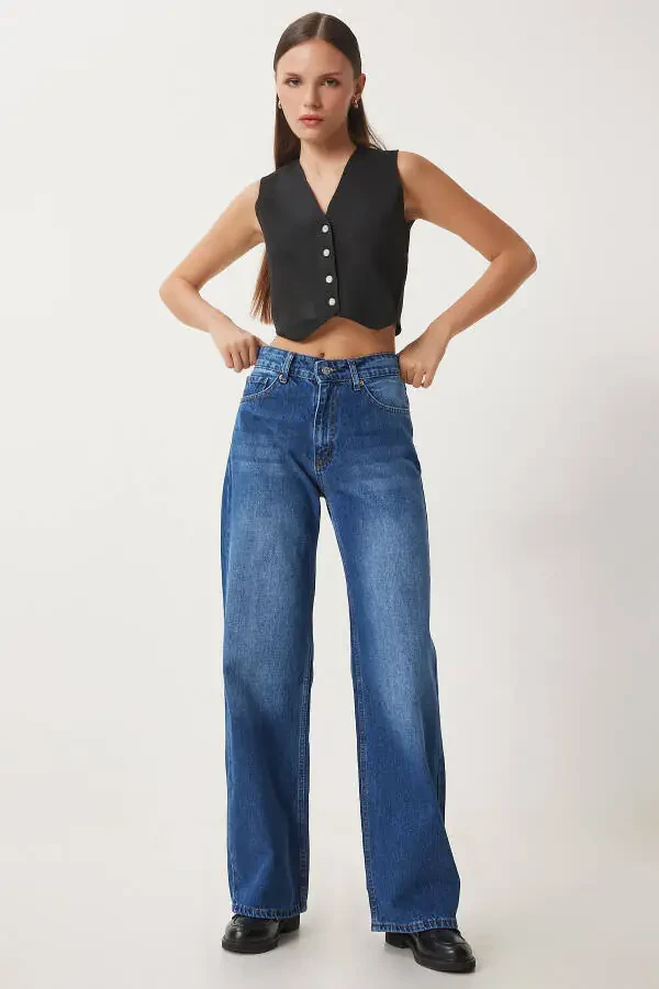 Женские синие свободные широкие джинсы средней посадки UT00023 - 5