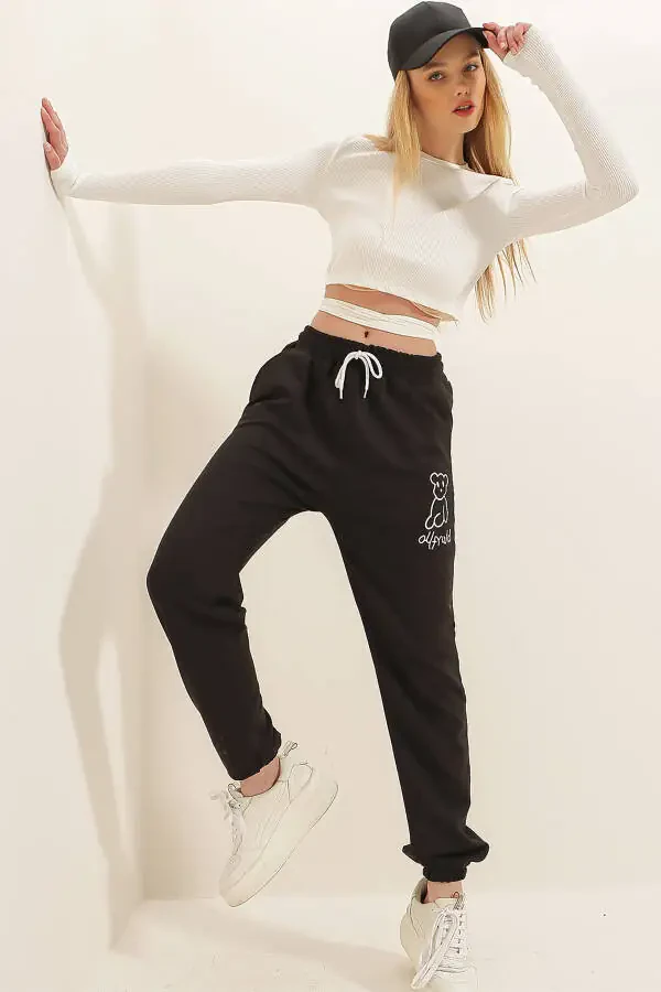 Женские спортивные штаны с принтом черного медведя, эластичными манжетами, двухнитевые ALC-X7956 - 1