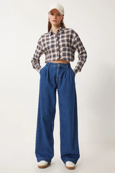 Женские Тёмно-синие Джинсы с Высокой Посадкой и Широкими Штанинами RH00031 - HAPPINESS İSTANBUL (1)