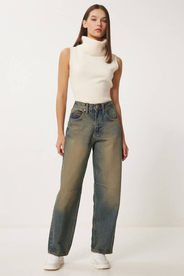 Женские тёмно-синие широкие джинсы с высокой талией и эффектом потертости - 2