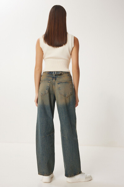 Женские тёмно-синие широкие джинсы с высокой талией и эффектом потертости - 5