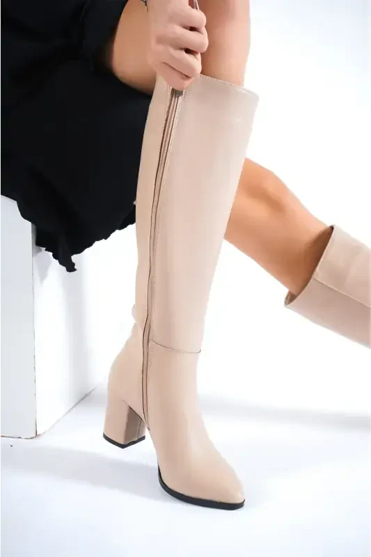 Женские туфли на каблуке-телесная кожа - 2