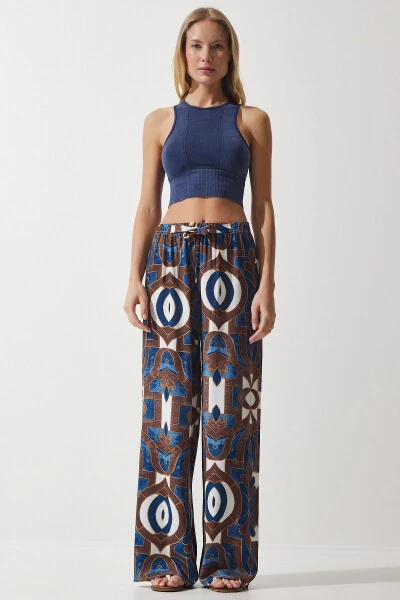 Женские вискозные палаццо-брюки с сине-коричневым рисунком EN00606 - 3
