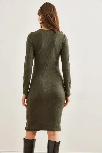 Женские Хаки с пуговицами, с разрезом, на флисе, эластичные - 4