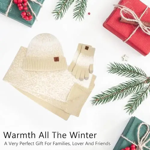 Женские зимние вязаные шапки-бини и сенсорные перчатки, длинный шарф, комплект с теплыми флисовыми шапками-черепами, шарфы для женщин - 5