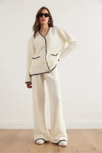 Женский Белый Детализированный Верхний Кардиган Нижние Брюки Трикотажный Костюм TKM-19000305-Белый - OLALOOK (1)