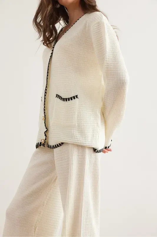 Женский Белый Детализированный Верхний Кардиган Нижние Брюки Трикотажный Костюм TKM-19000305-Белый - 5