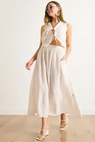 Женский белый модальный верх с вышивкой, жилет, юбка-клеш с нижними карманами - 1