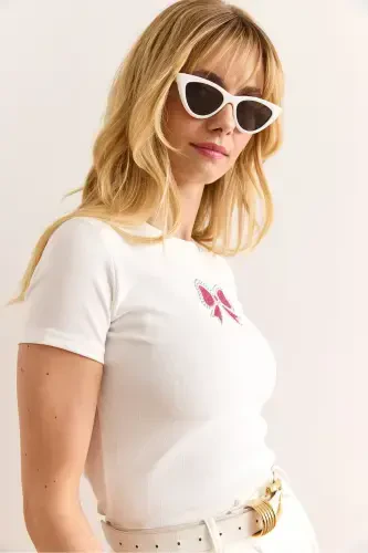 Женский Белый Пайетки Бант Деталь Тонкий Рубчик Кроп - 8