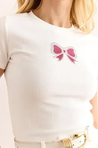 Женский Белый Пайетки Бант Деталь Тонкий Рубчик Кроп - 7