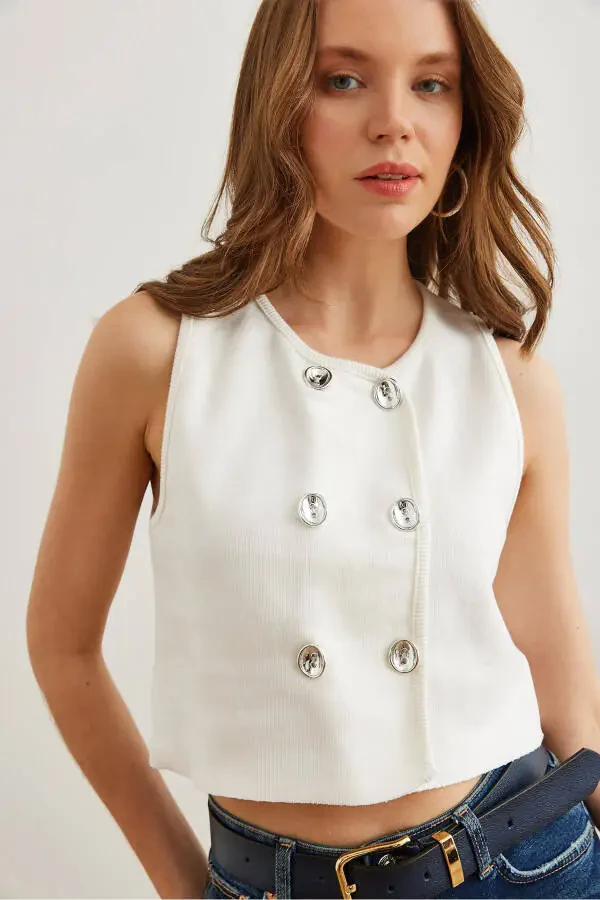 Женский белый трикотажный жилет с двумя серебряными пуговицами YLK-19000052 - 1
