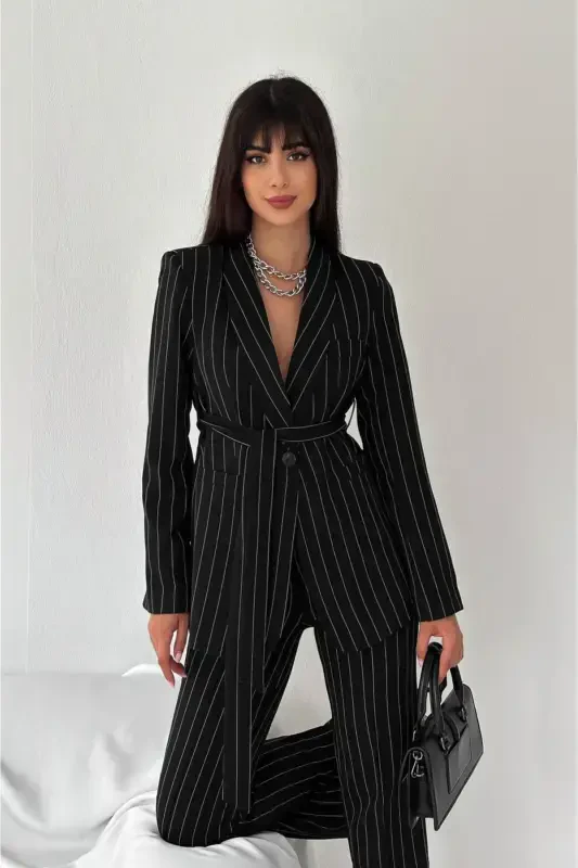 Женский Блейзер с шалевым воротником, поясом, имитацией карманов и ремнем, эластичные брюки-дудочки, костюм - черная полоска - 1