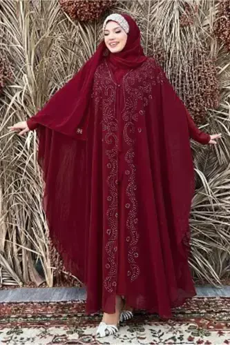 Женский Бордовый Комплект Двойной Ферджи с Тюлевой Отделкой T 6773-BORDO - 2