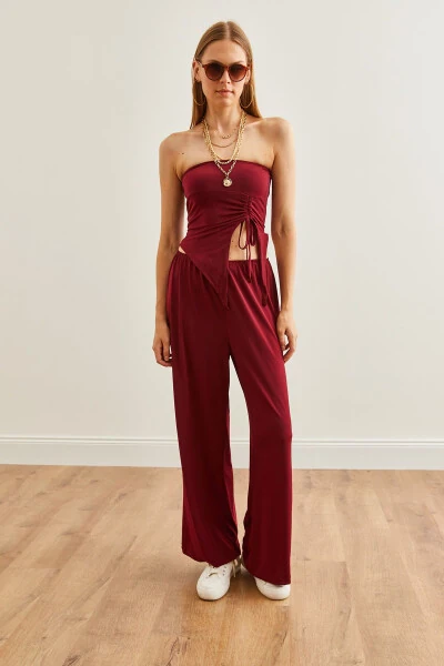 Женский бордовый топ с открытыми плечами, асимметричная блузка и широкие брюки-палаццо TKM-19000299 - 5