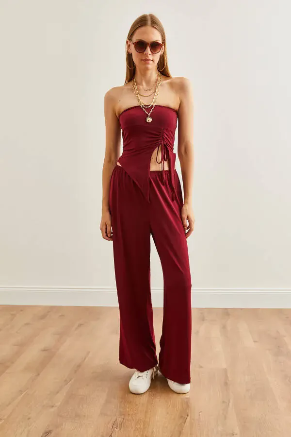 Женский бордовый топ с открытыми плечами, асимметричная блузка и широкие брюки-палаццо TKM-19000299 - 5