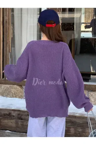 Женский бордовый трикотажный свитер оверсайз - фиолетовый - DIER MODA (1)