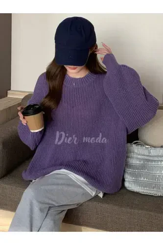 Женский бордовый трикотажный свитер оверсайз - фиолетовый - 3