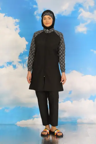 Женский брючный узорчатый закрытый купальник Черный 31072 - 3