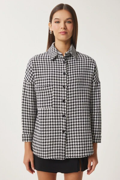 Женский черно-белый жаккардовый оверсайз шерстяной жакет BH00300 - HAPPINESS İSTANBUL (1)