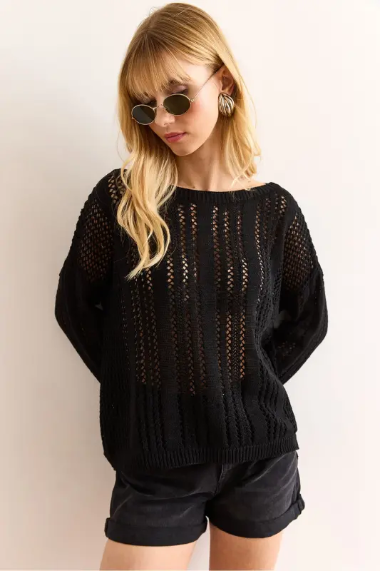 Женский Черный Ажурный Свободный Трикотажный Джемпер - OLALOOK