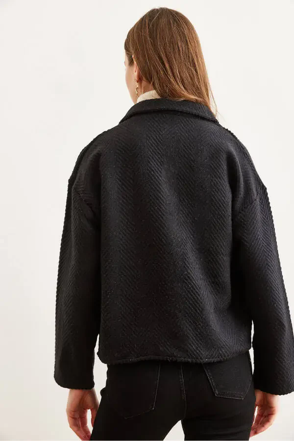 Женский черный двубортный жакет из кашемира без подкладки с двумя карманами CKT-19000391 - 2