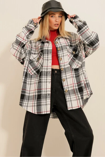 Женский черный клетчатый кашемировый хлопковый оверсайз сафари жакет рубашка ALC-X7142 - TREND ALAÇATI STILI