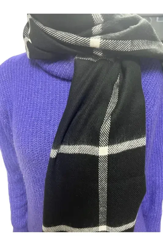 Женский Черный Клетчатый Шарф Bym-137024137-Черный - 2