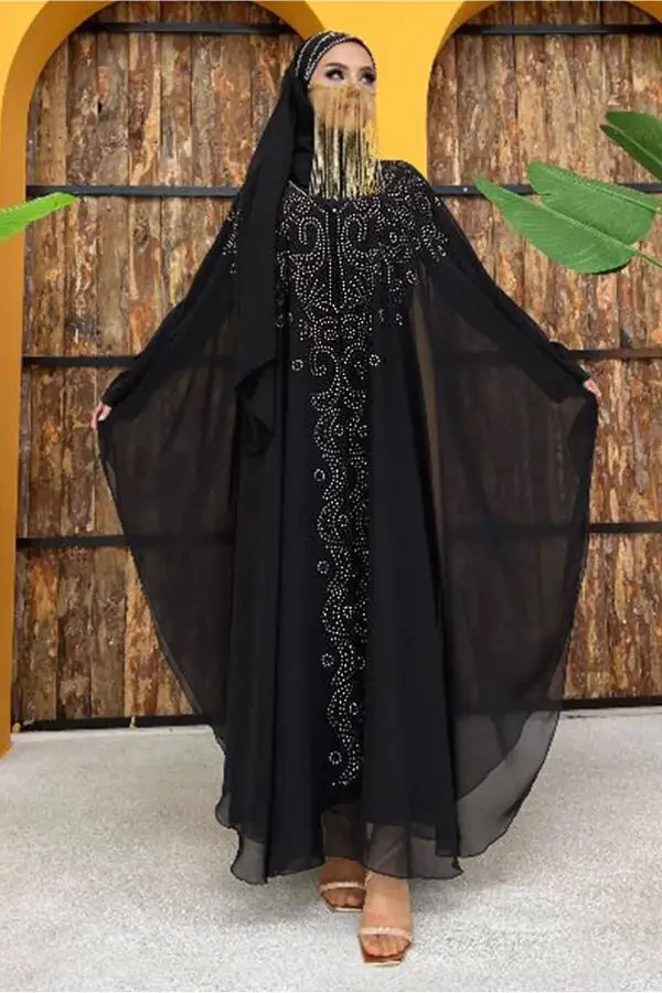 Женский черный комплект ферадже с вышивкой и тюлем T 6773 - 7