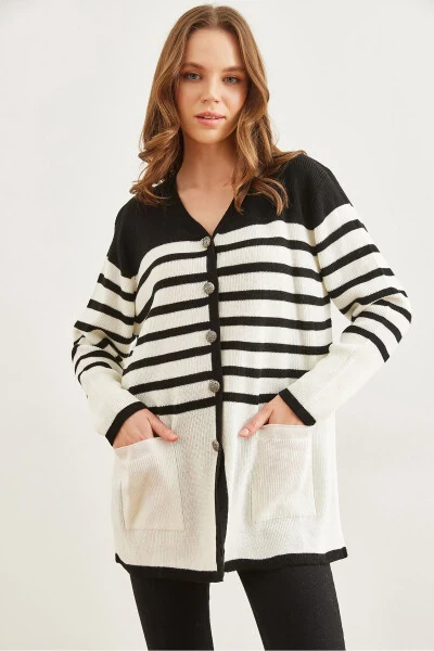 Женский черный полосатый кардиган с металлическими пуговицами HRK-19000321 - 3
